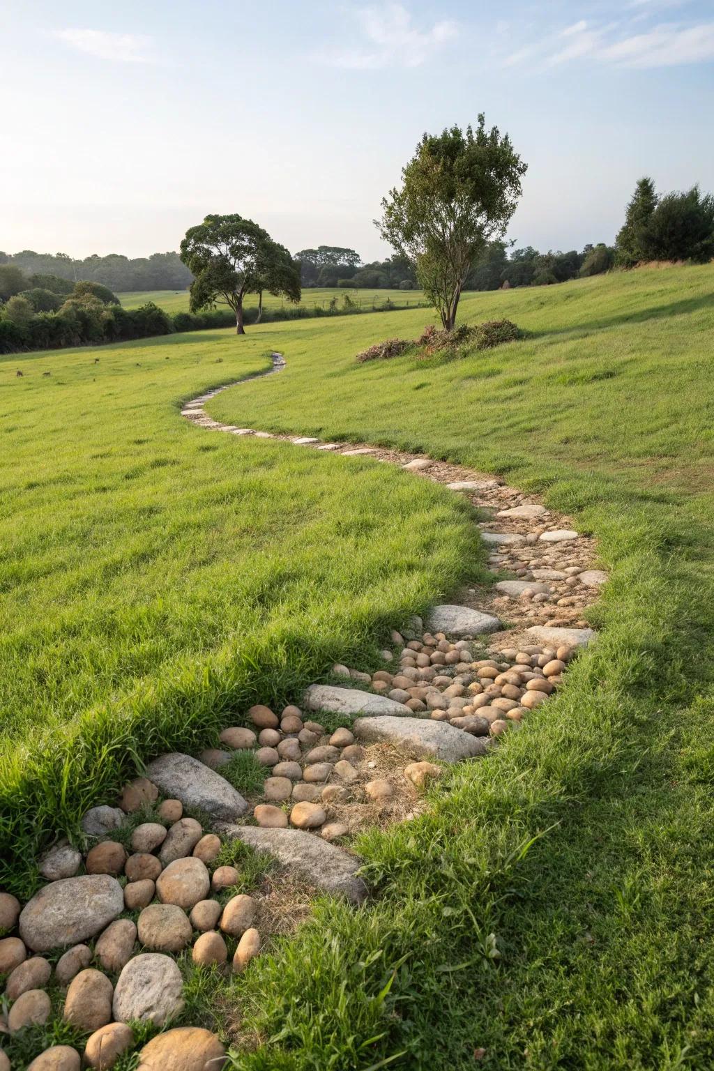 Grass path enhanced by sparkling decorative pebbles.