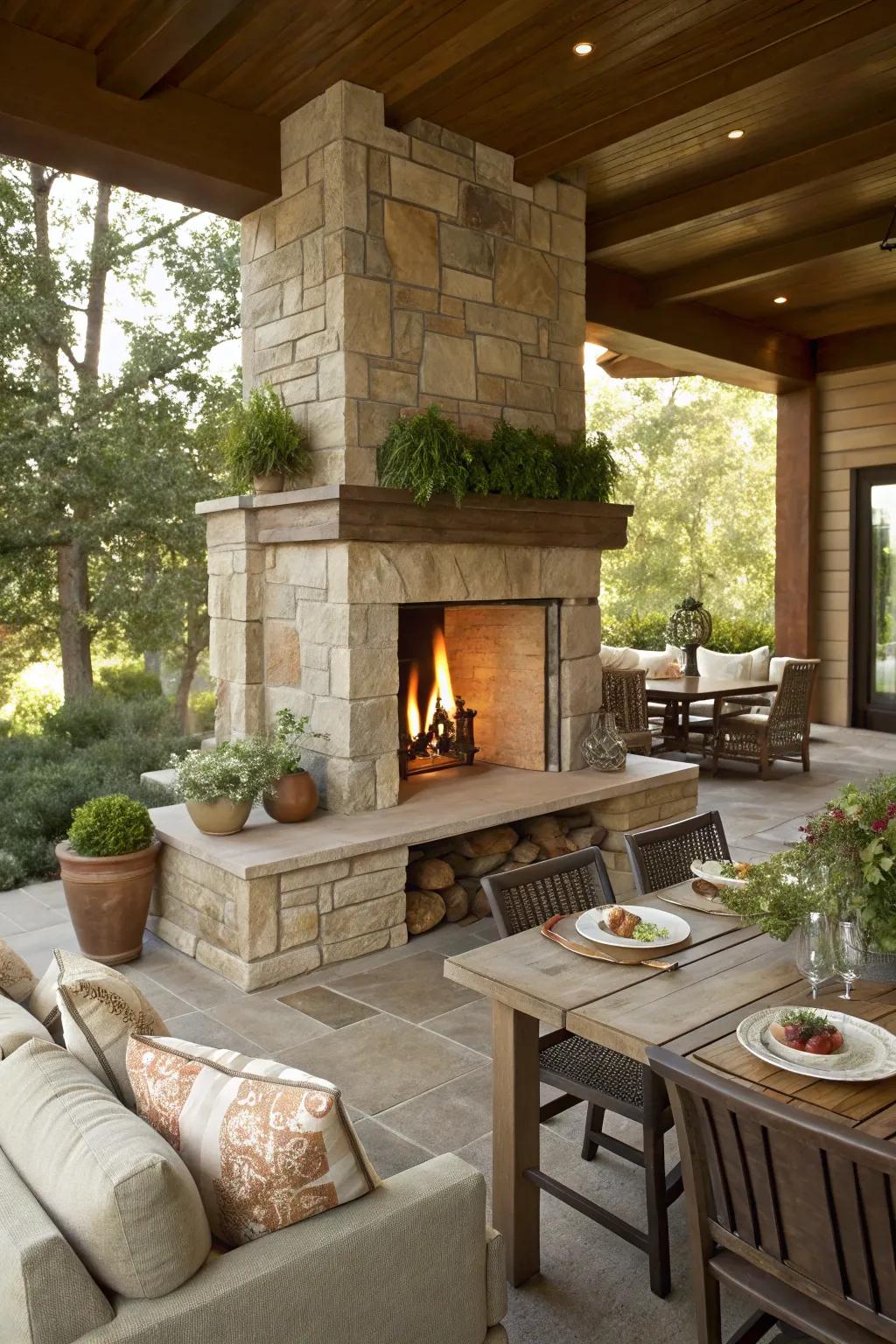 Double-sided fireplace used as a versatile outdoor divider.