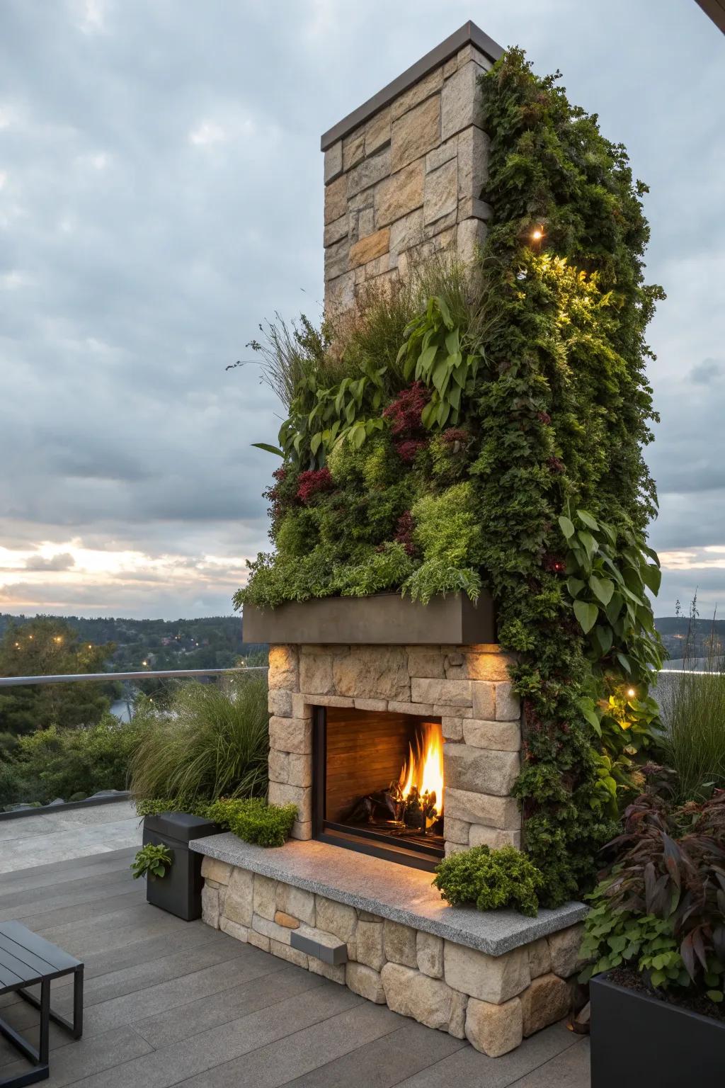Lush vertical garden framing a modern fireplace.