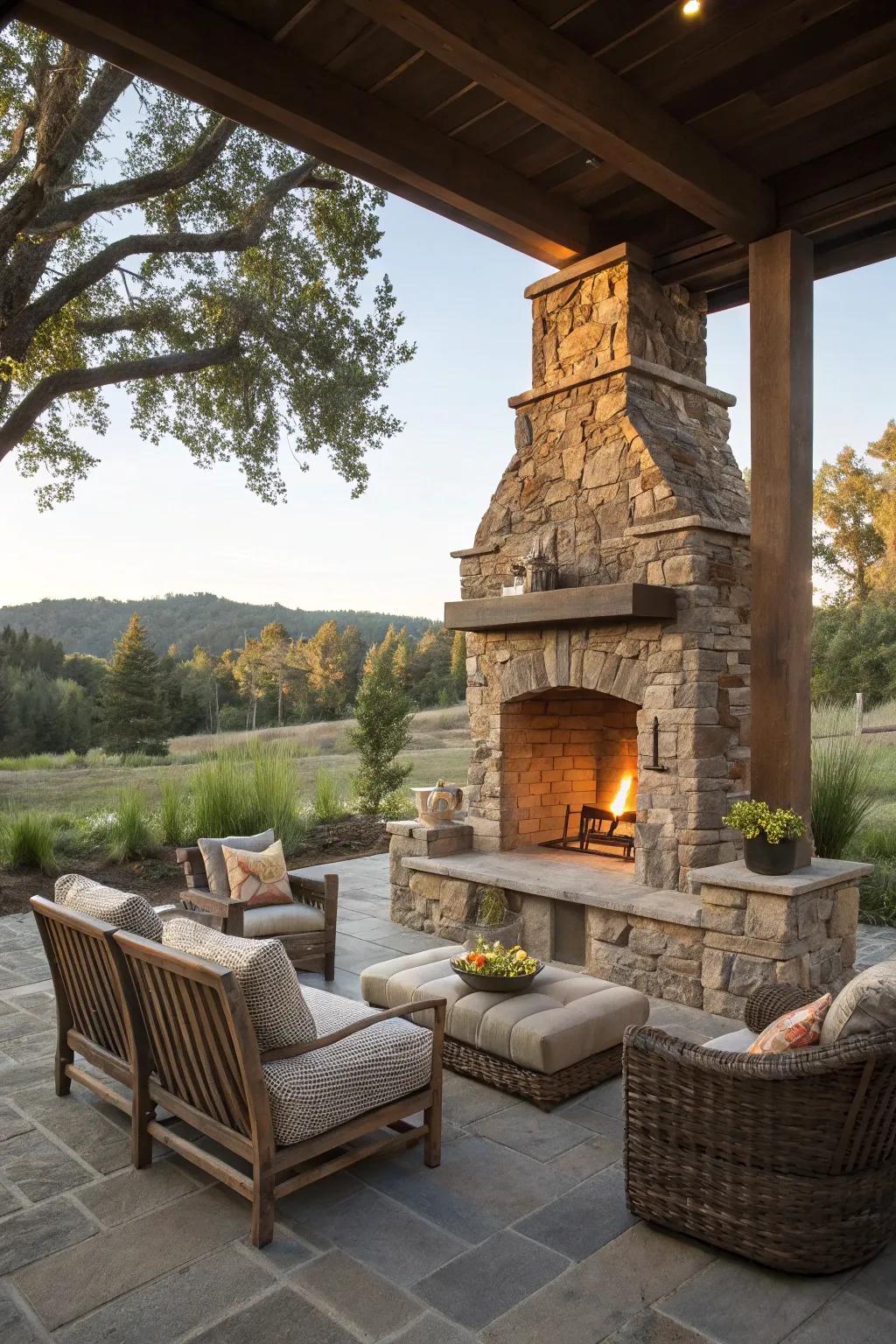 Rustic stone fireplace introducing texture and warmth outdoors.