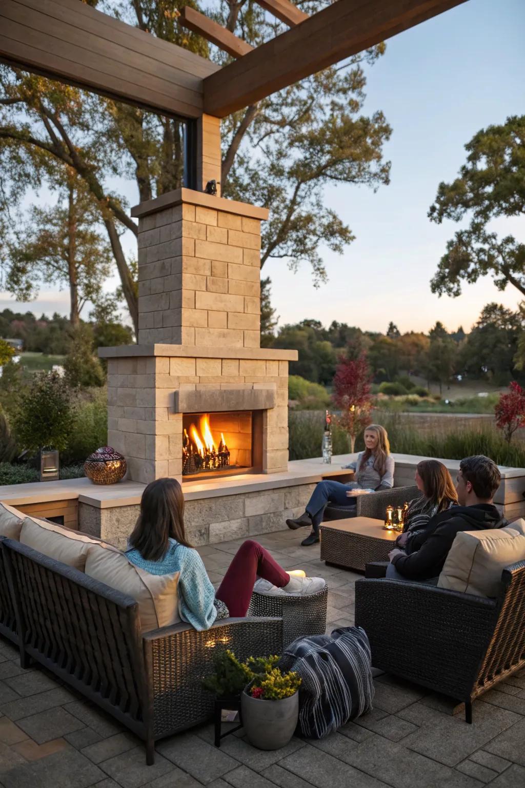 Inviting outdoor seating surrounding a warm double-sided fireplace.