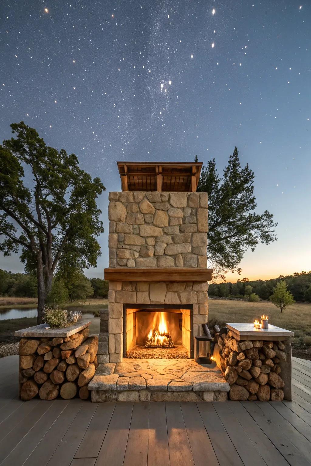 Open-air fireplace creating a cozy atmosphere under the night sky.