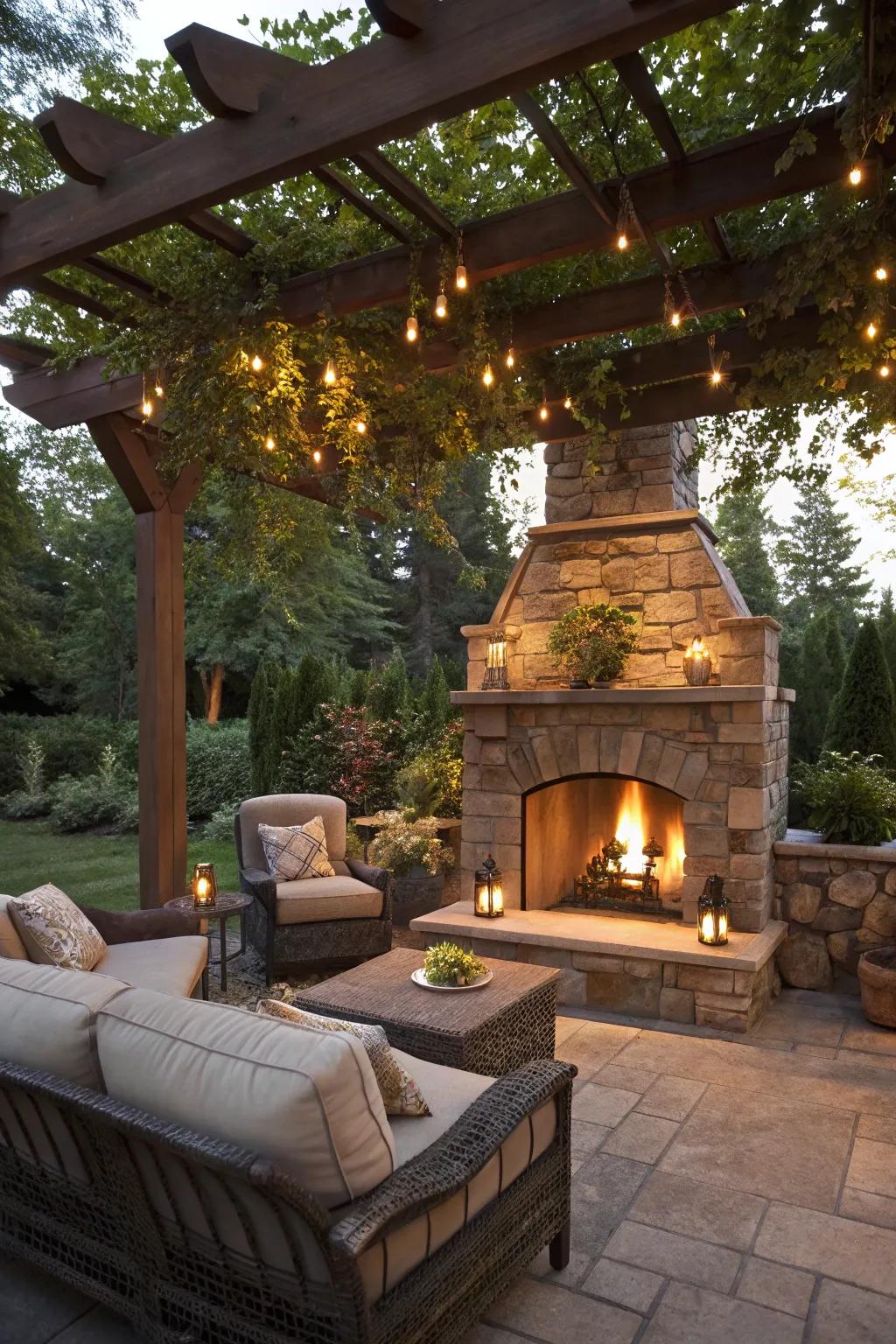 Outdoor fireplace nestled beneath a stylish pergola.
