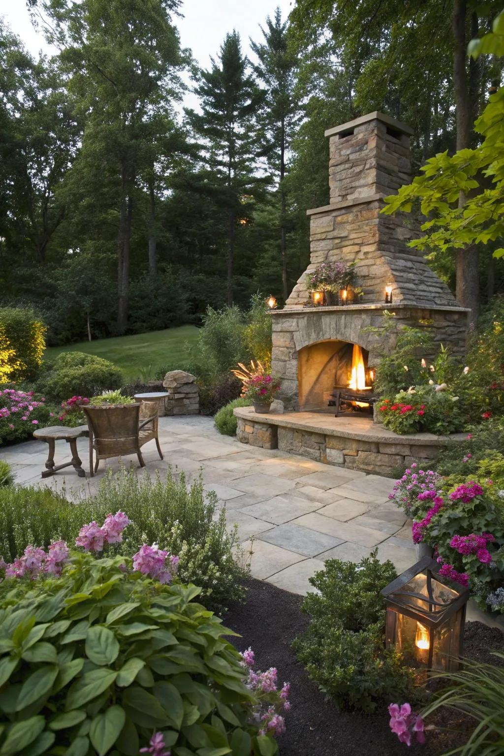 Outdoor fireplace beautifully integrated among lush garden foliage.