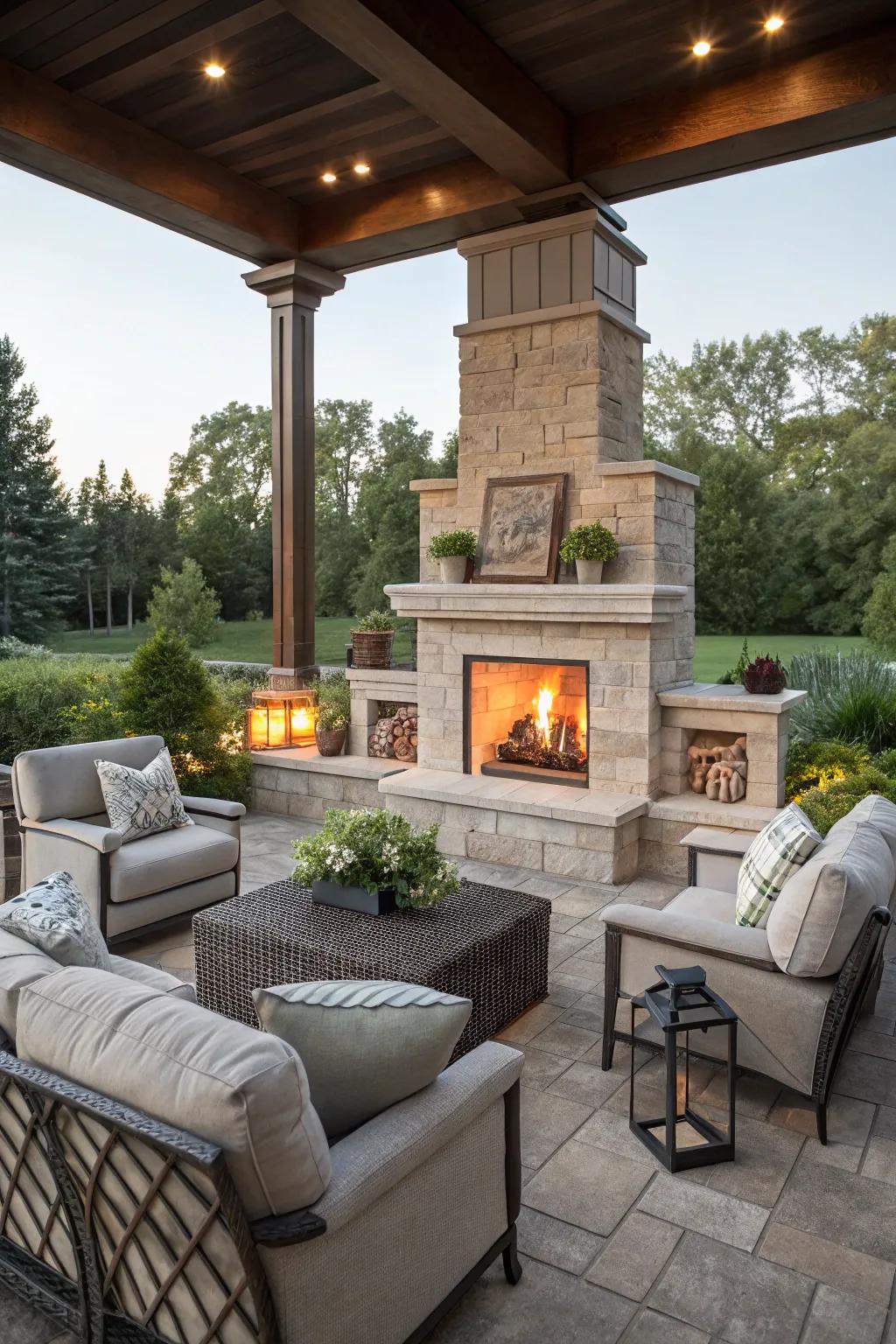 Comfortable outdoor living room centered around a modern fireplace.