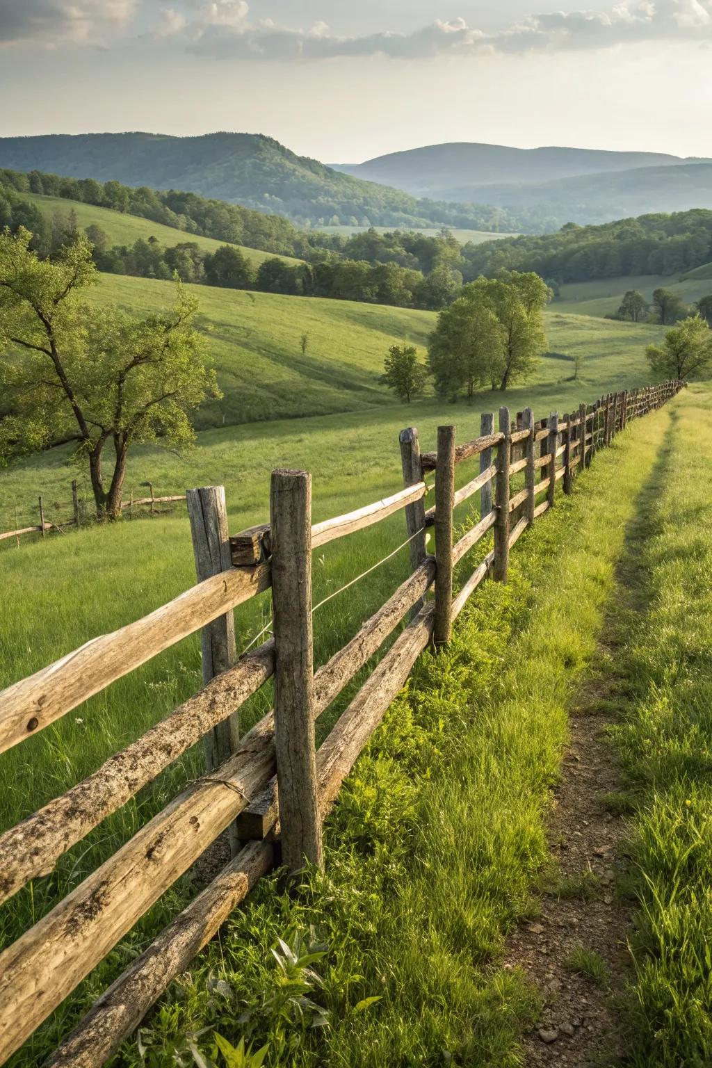 A traditional split rail fence adds rustic elegance to farm settings.