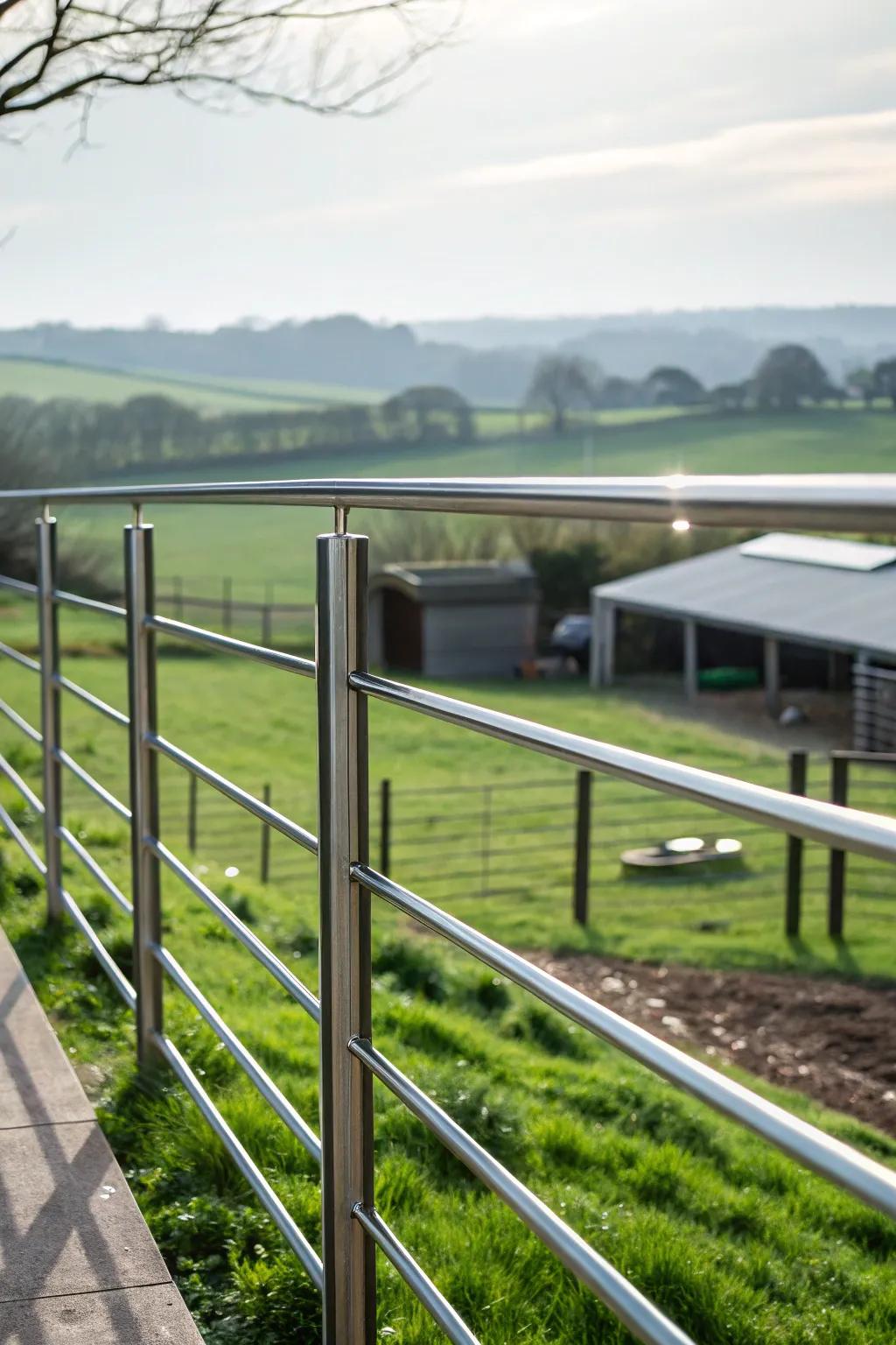 Minimalist metal fences provide a modern contrast to pastoral environments.