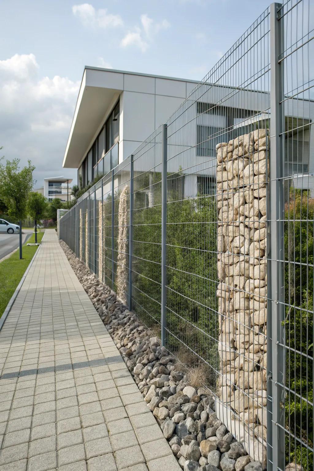 Gabion walls fuse industrial style with natural stone elements.