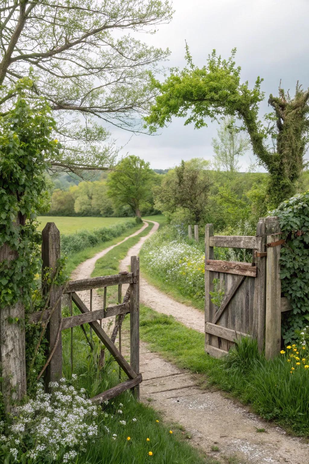 Rustic wooden gates add timeless charm to a country driveway.