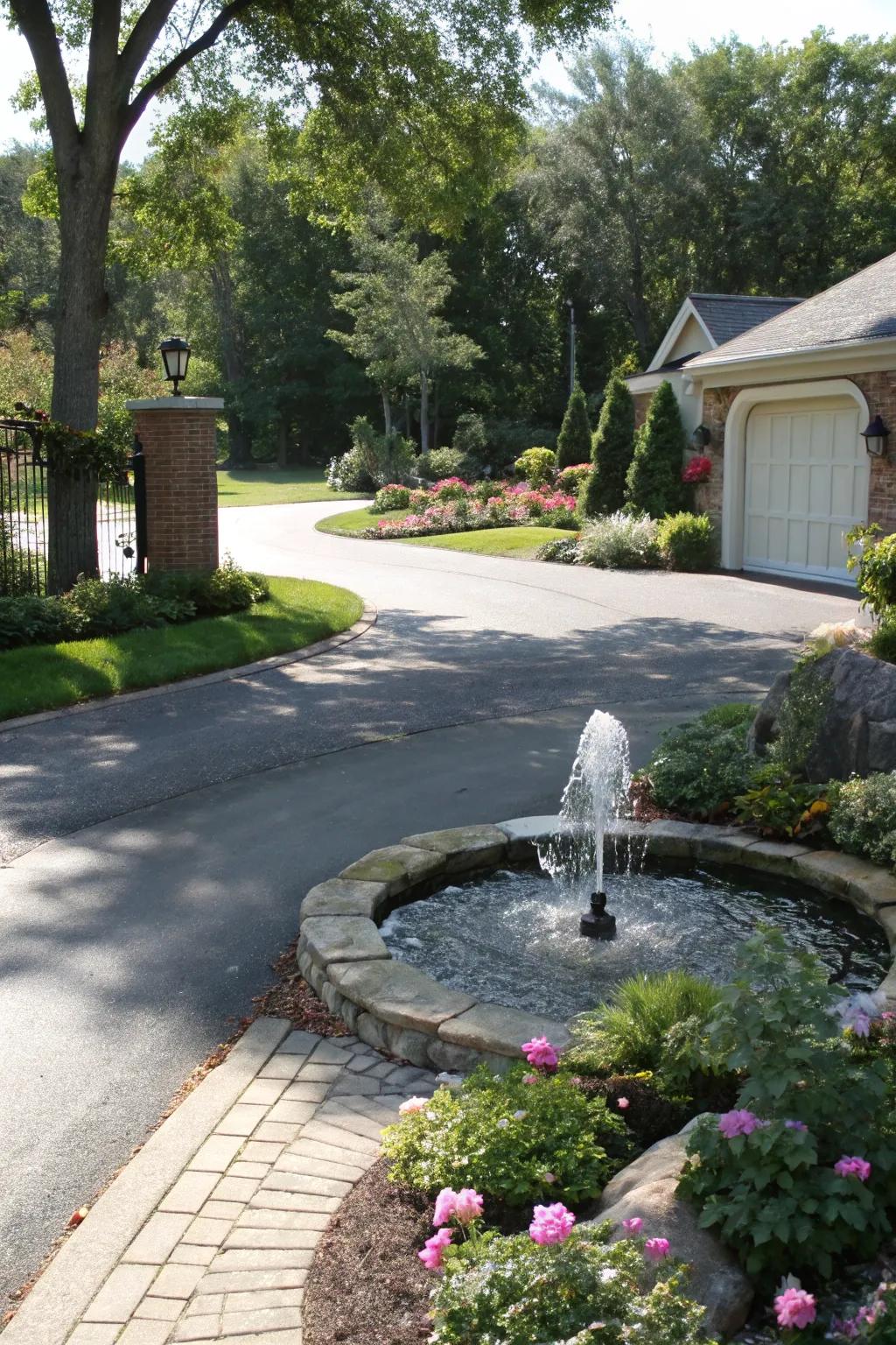 A water feature adds tranquility and elegance to the entrance.