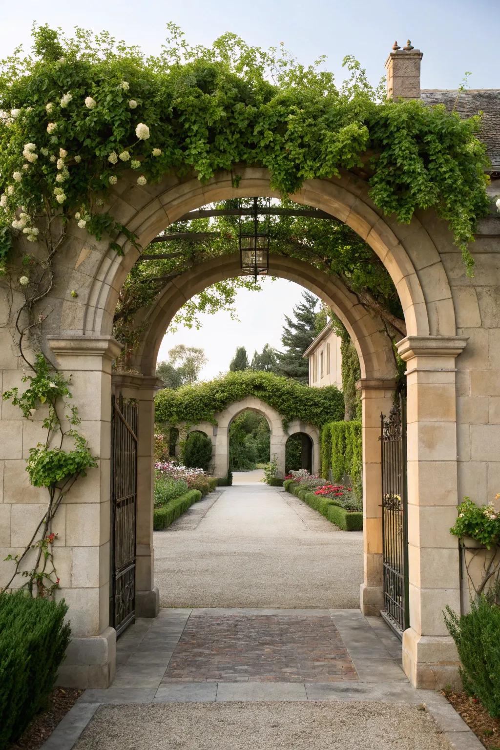 Climbing plants create a lush and inviting entrance.