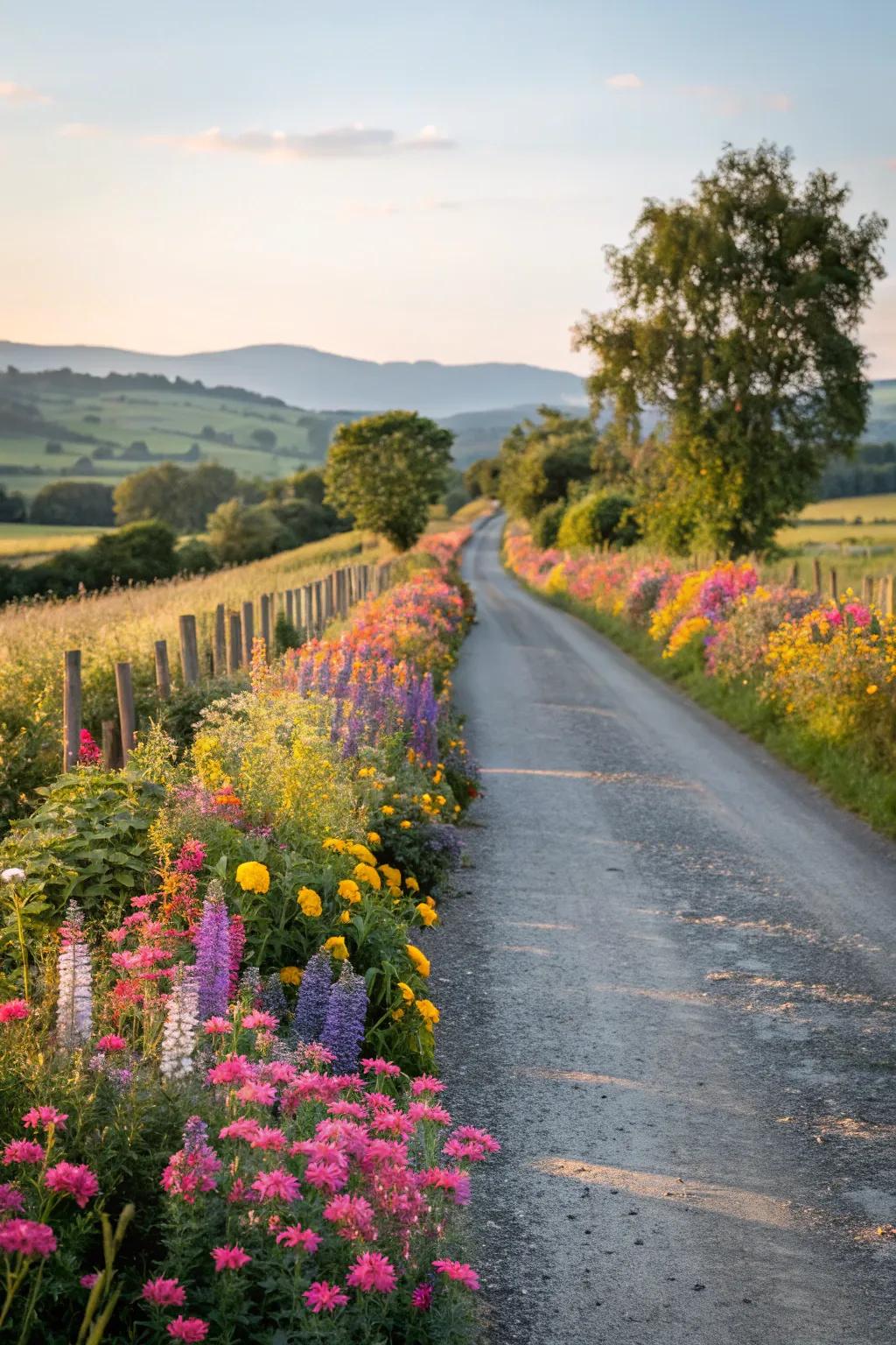 Wildflower borders bring life and color to a driveway.