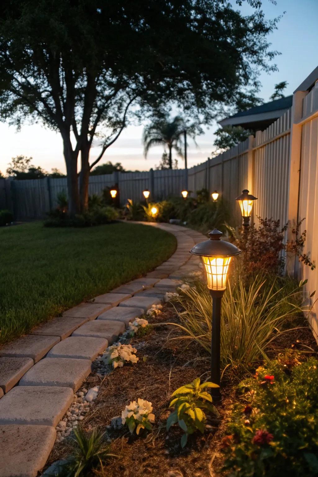Solar-powered lights softly illuminate a garden path and plants at night.