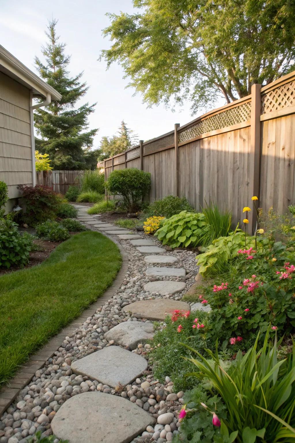 A stone pathway with surrounding pebbles creates a serene walk along the side of the house.