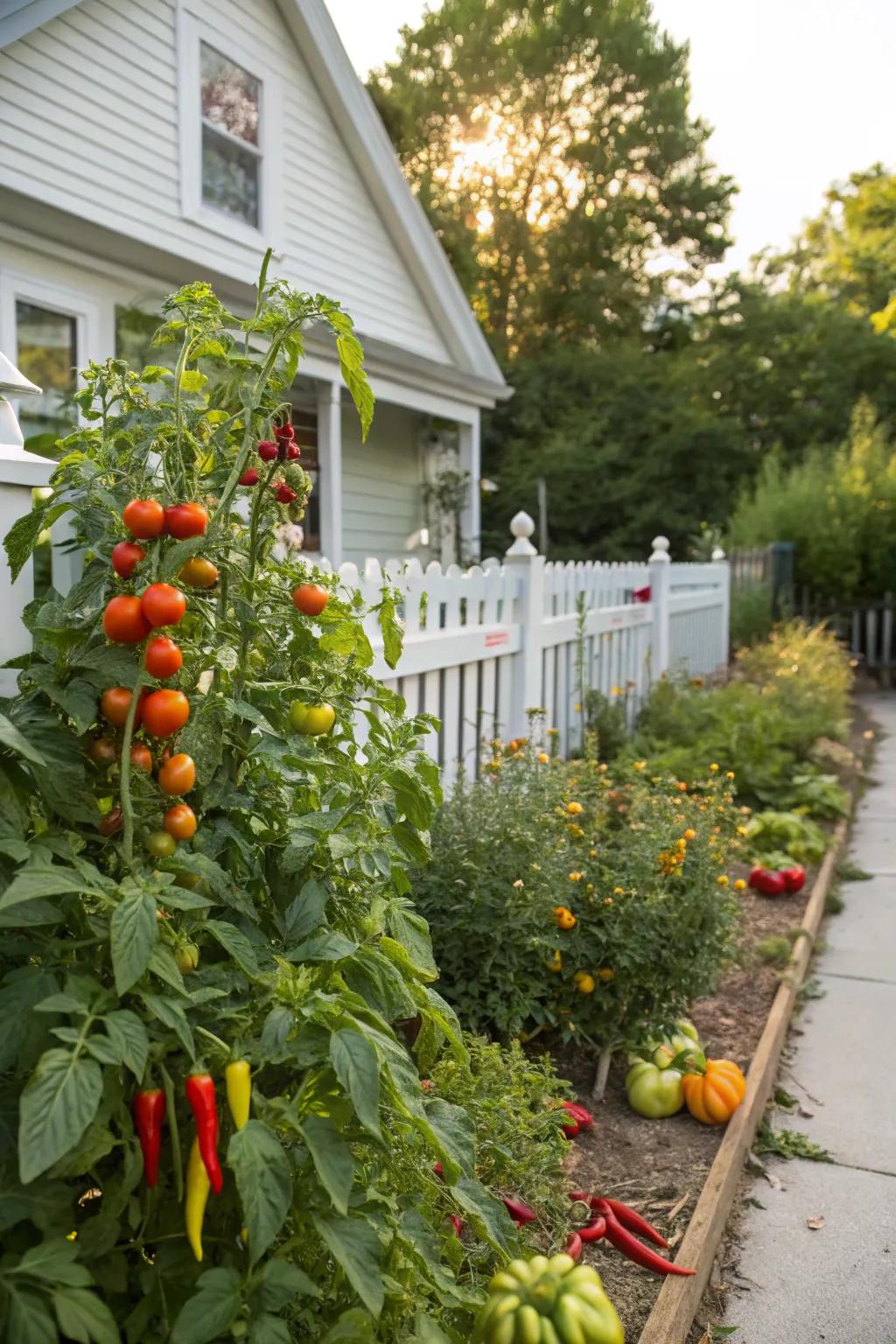A thriving vegetable garden with tomatoes and peppers in a sunny side yard.