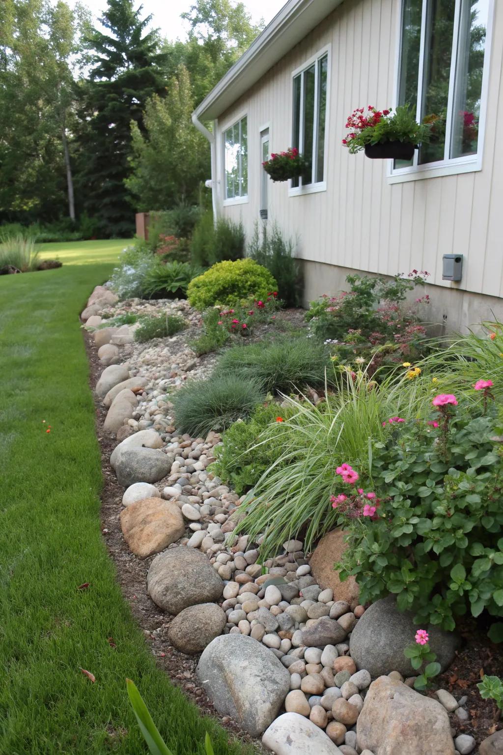 River rocks create a natural and low-maintenance border for plants.