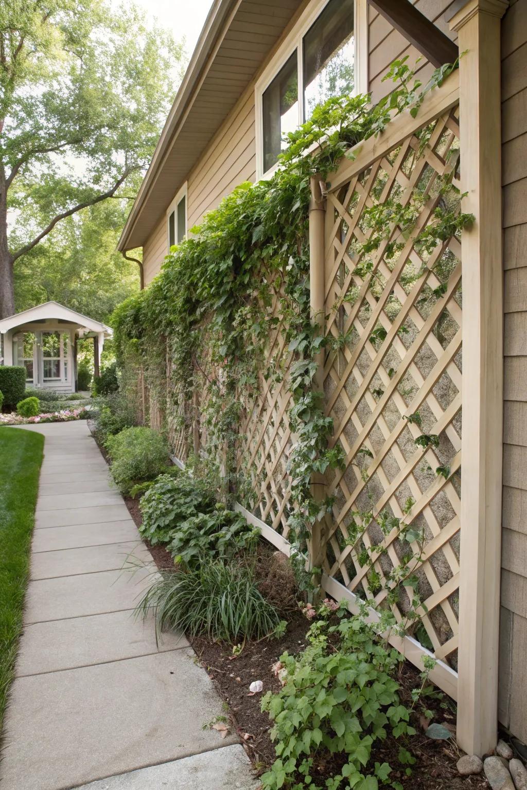 A lattice privacy screen with climbing plants offers seclusion and beauty.
