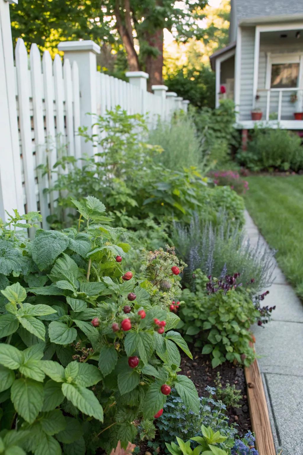 A side yard garden with herbs and berry bushes offers fresh, edible plants.