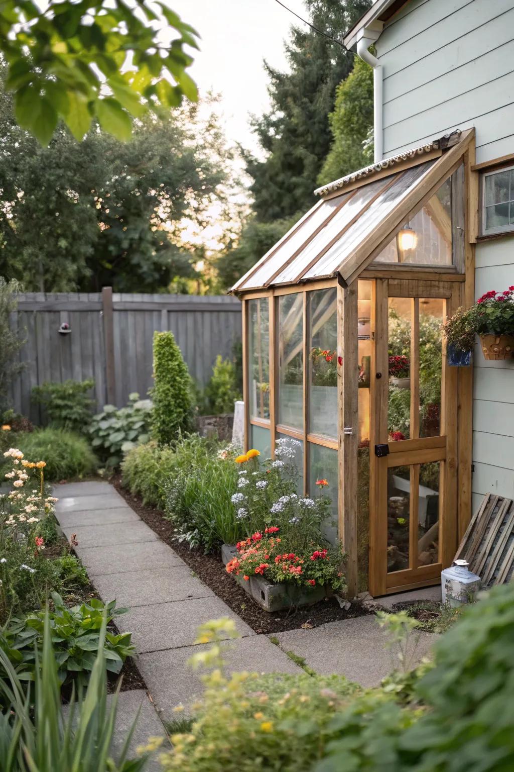 A small greenhouse in a side yard allows for extended growing seasons.