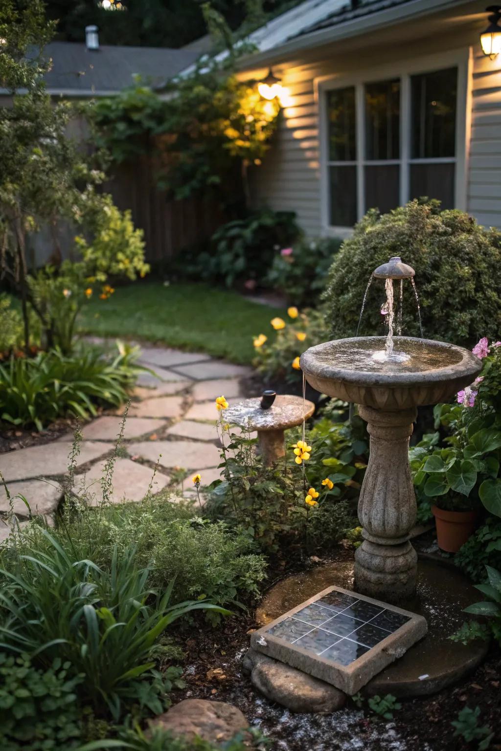 A solar-powered fountain adds a tranquil sound and visual interest.