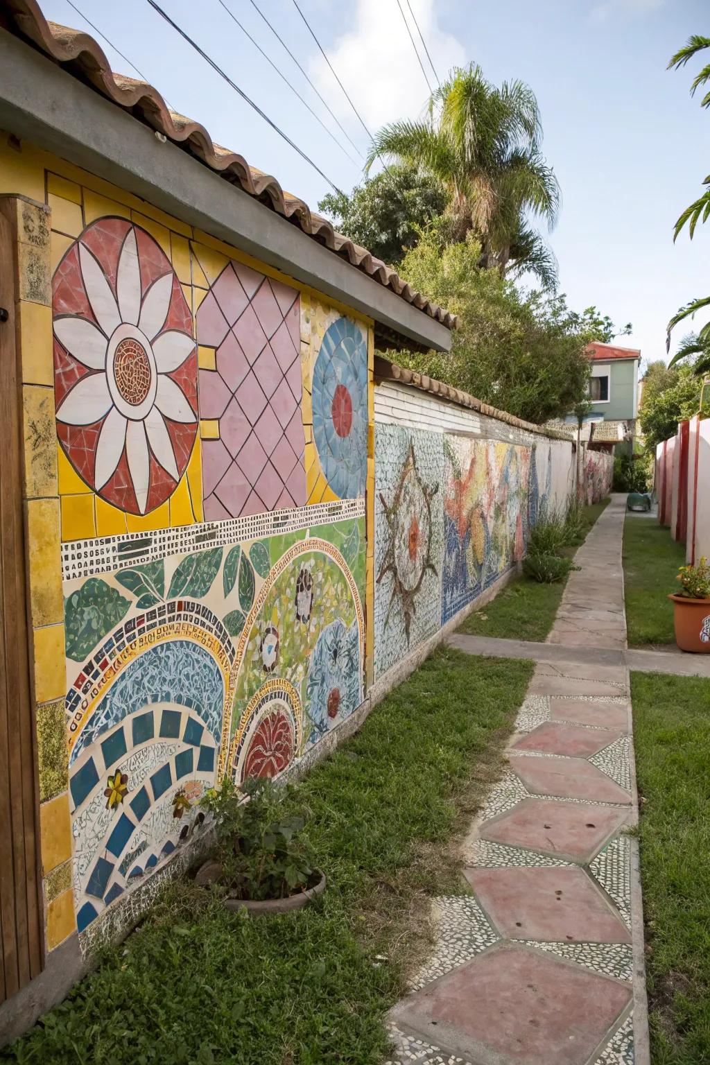 A colorful mosaic art wall adds a stunning focal point to the side of a house.