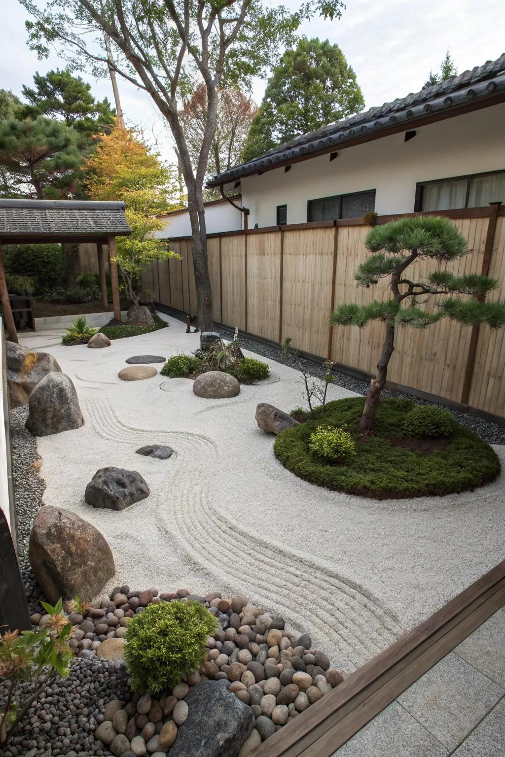 A Zen garden with sand and stones offers a peaceful and meditative space.