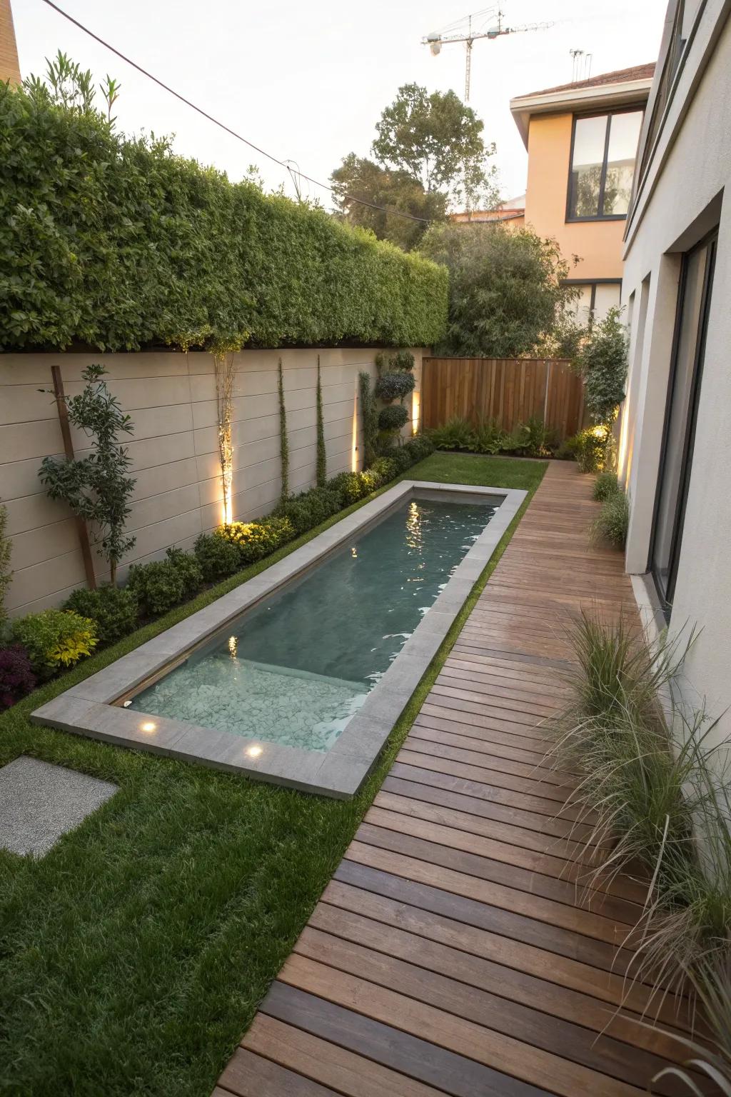 A compact plunge pool provides a refreshing escape in a narrow space.