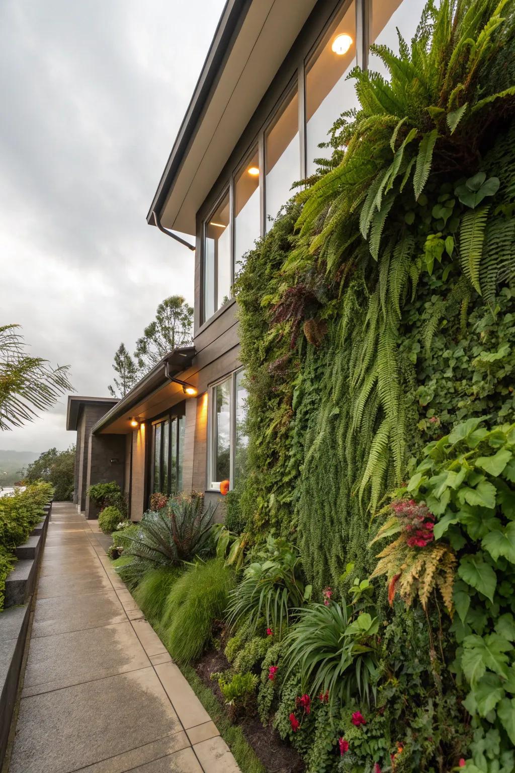 A vibrant living wall with ferns and succulents enhances the side of a house.