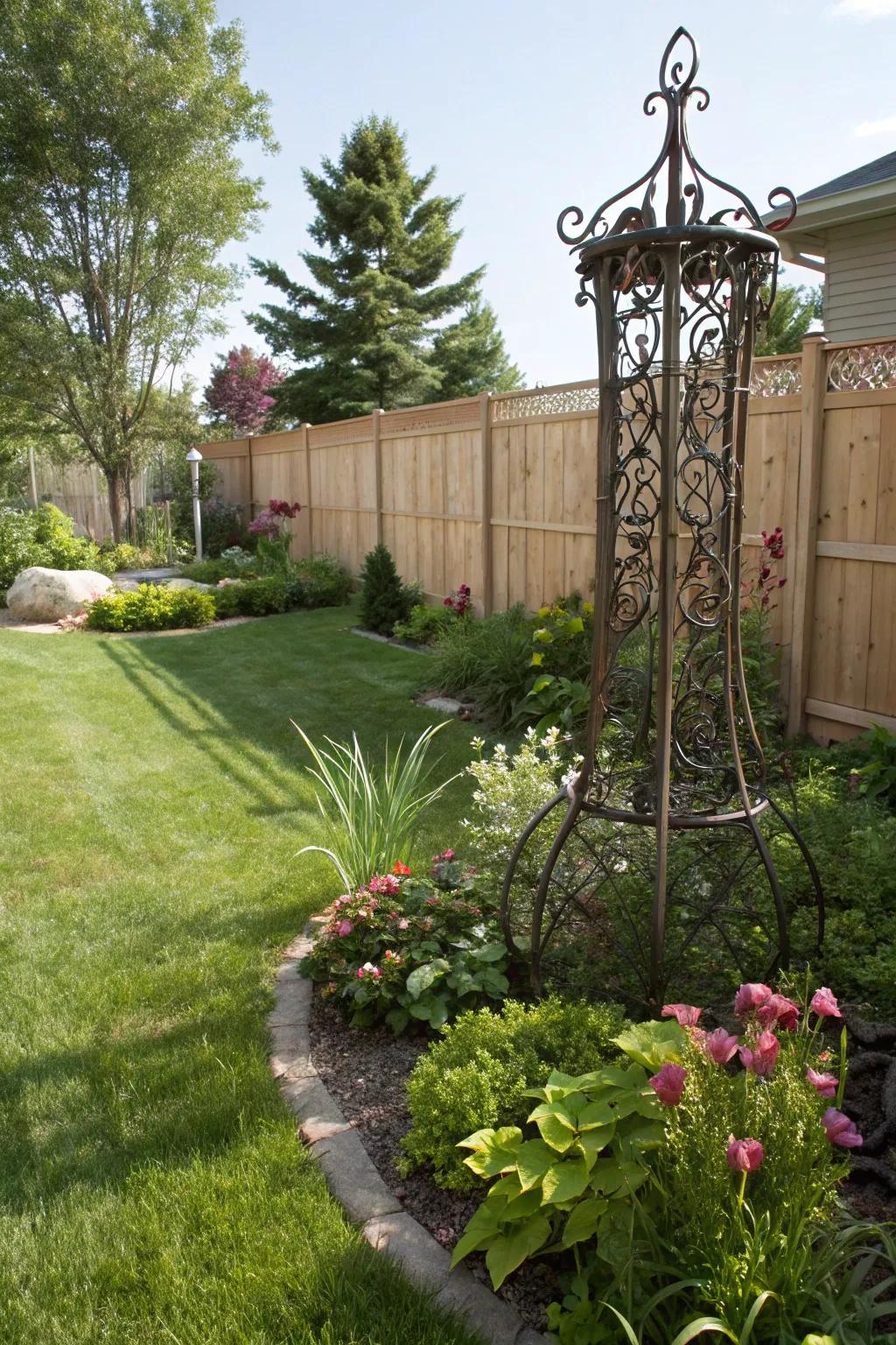 An elegant metal sculpture adds a touch of intrigue to a landscaped side yard.