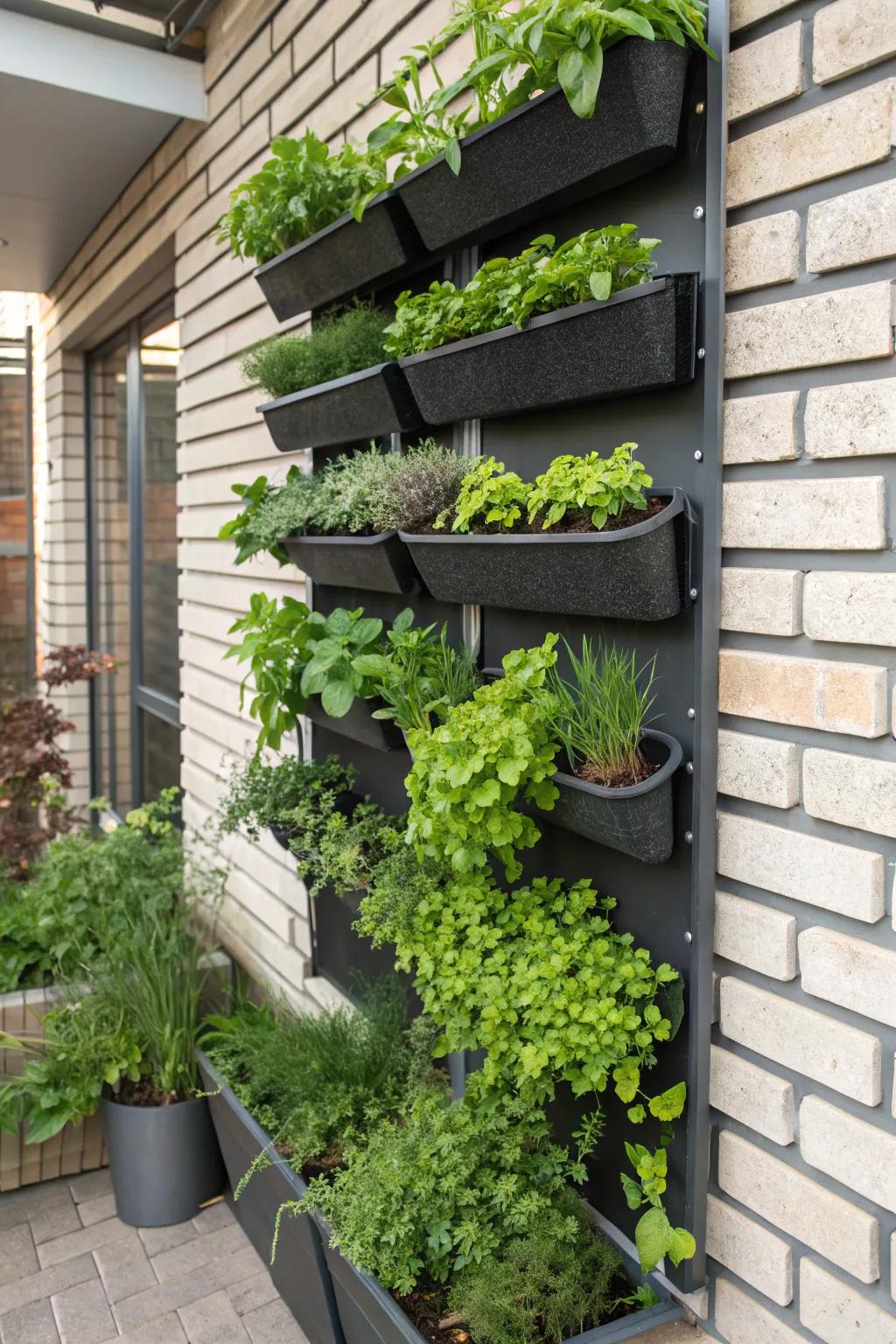 A vertical garden with herbs adds greenery and functionality.