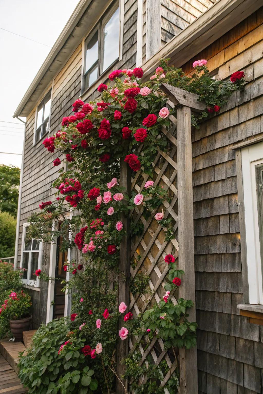 Climbing roses on a wooden trellis add height and color to the side of the house.