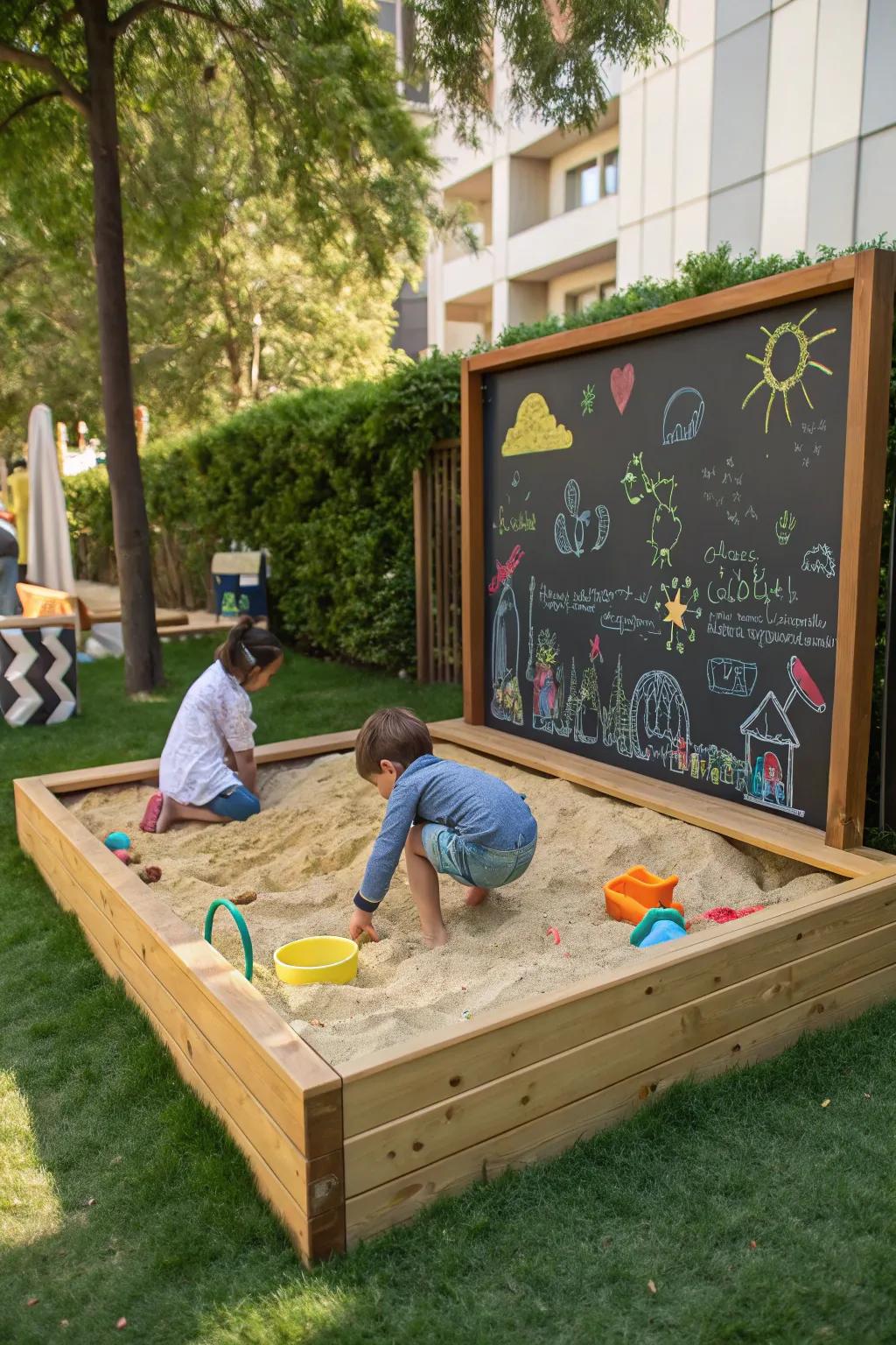 A creative play area with a sandbox and chalkboard for children to enjoy.