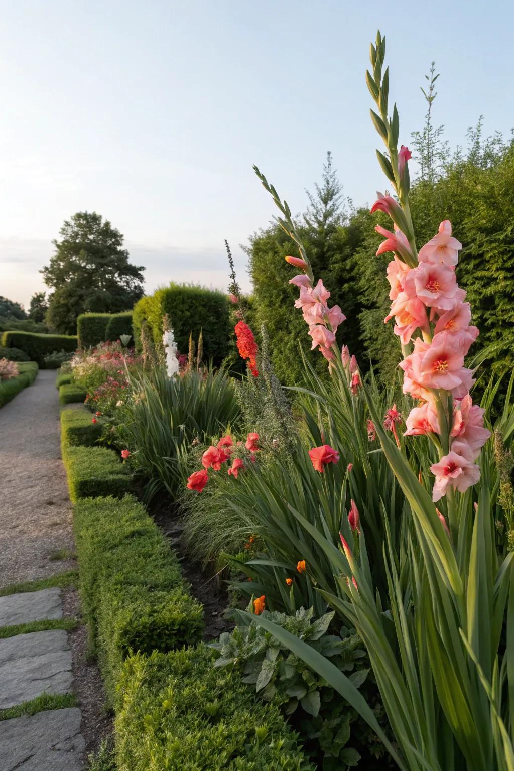 Gladiolus and shrubs together create a textured and structured garden look.