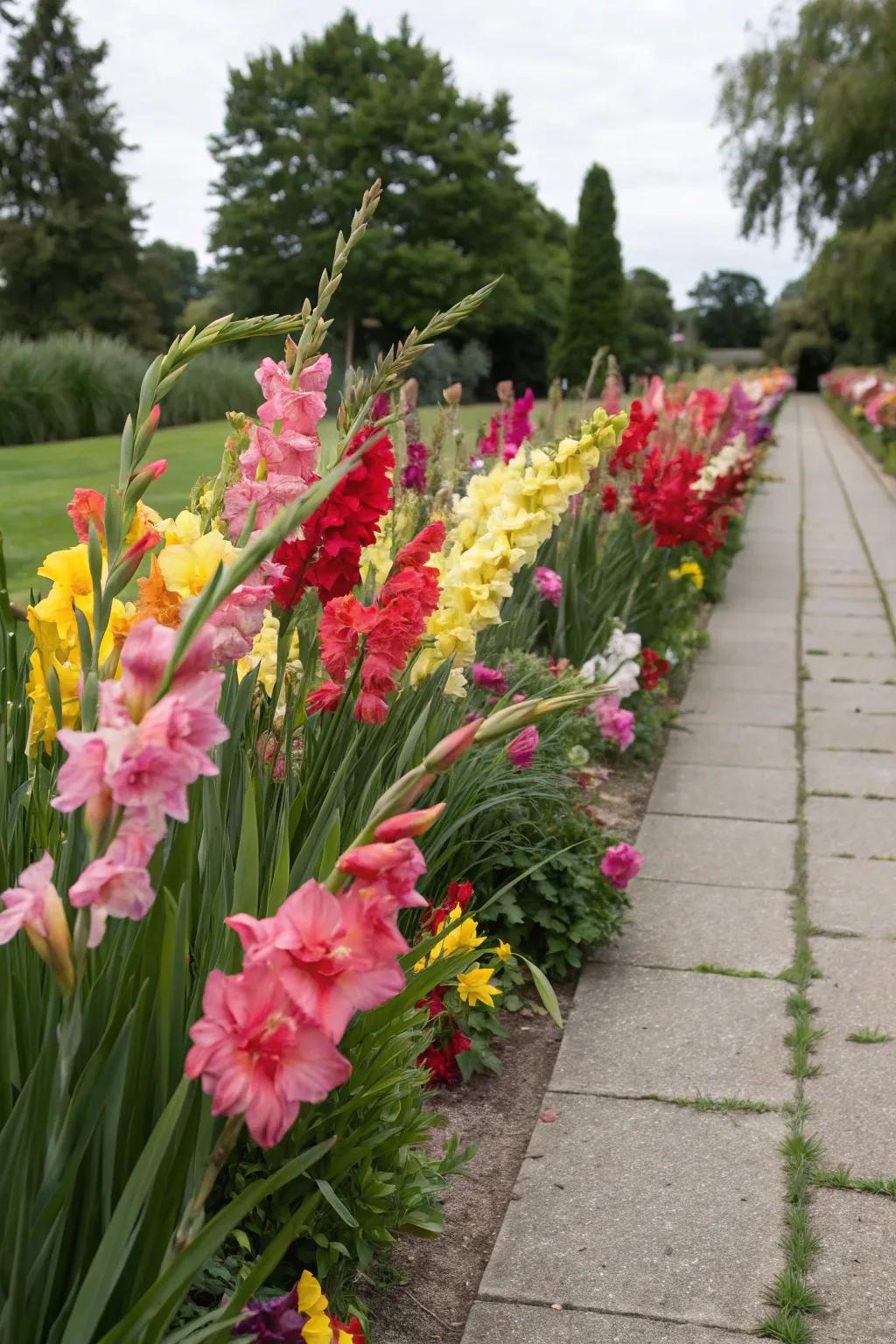 Gladiolus flowers create a vibrant border along a garden walkway.