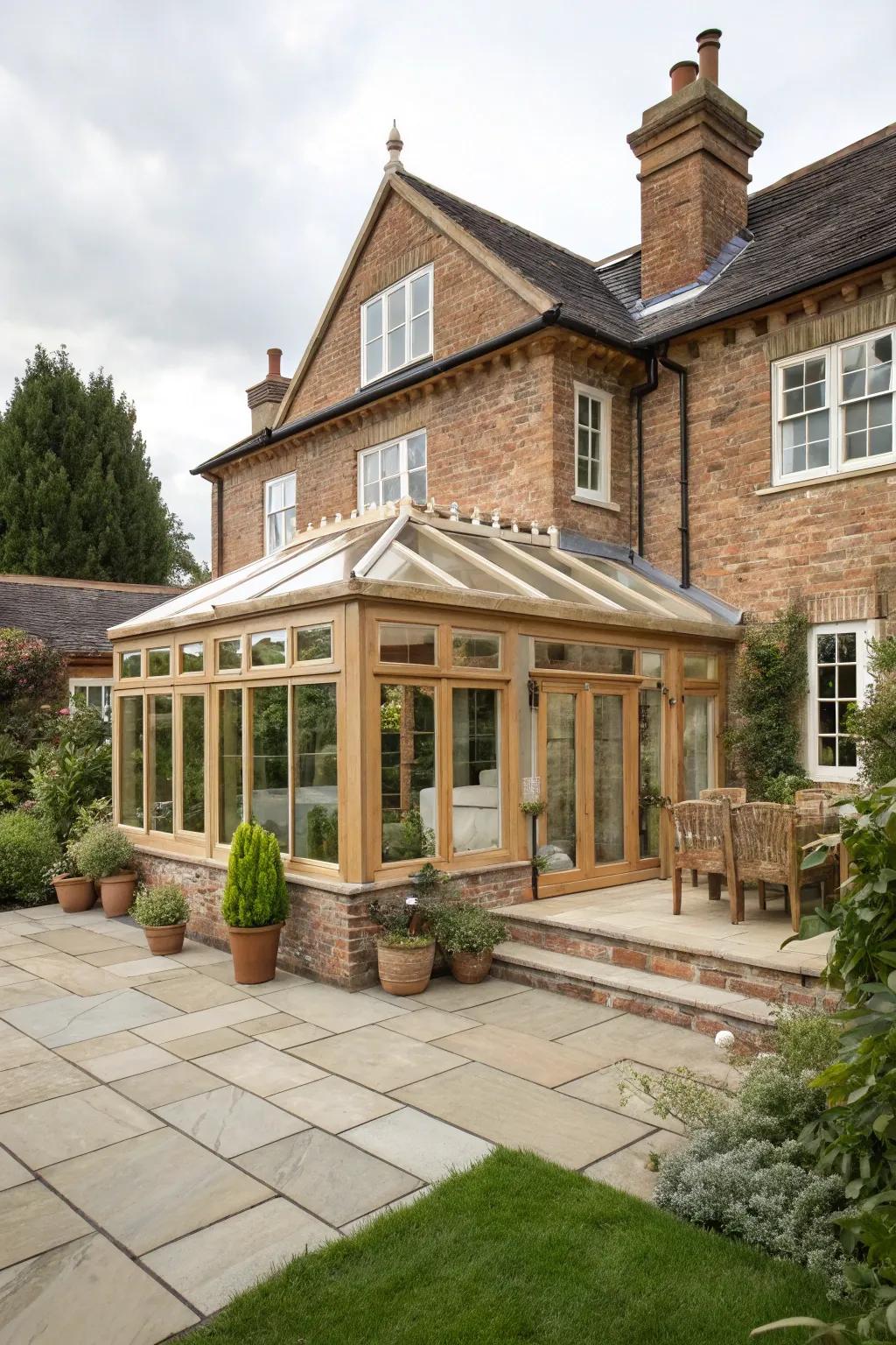 Orangery seamlessly integrated with a traditional home.