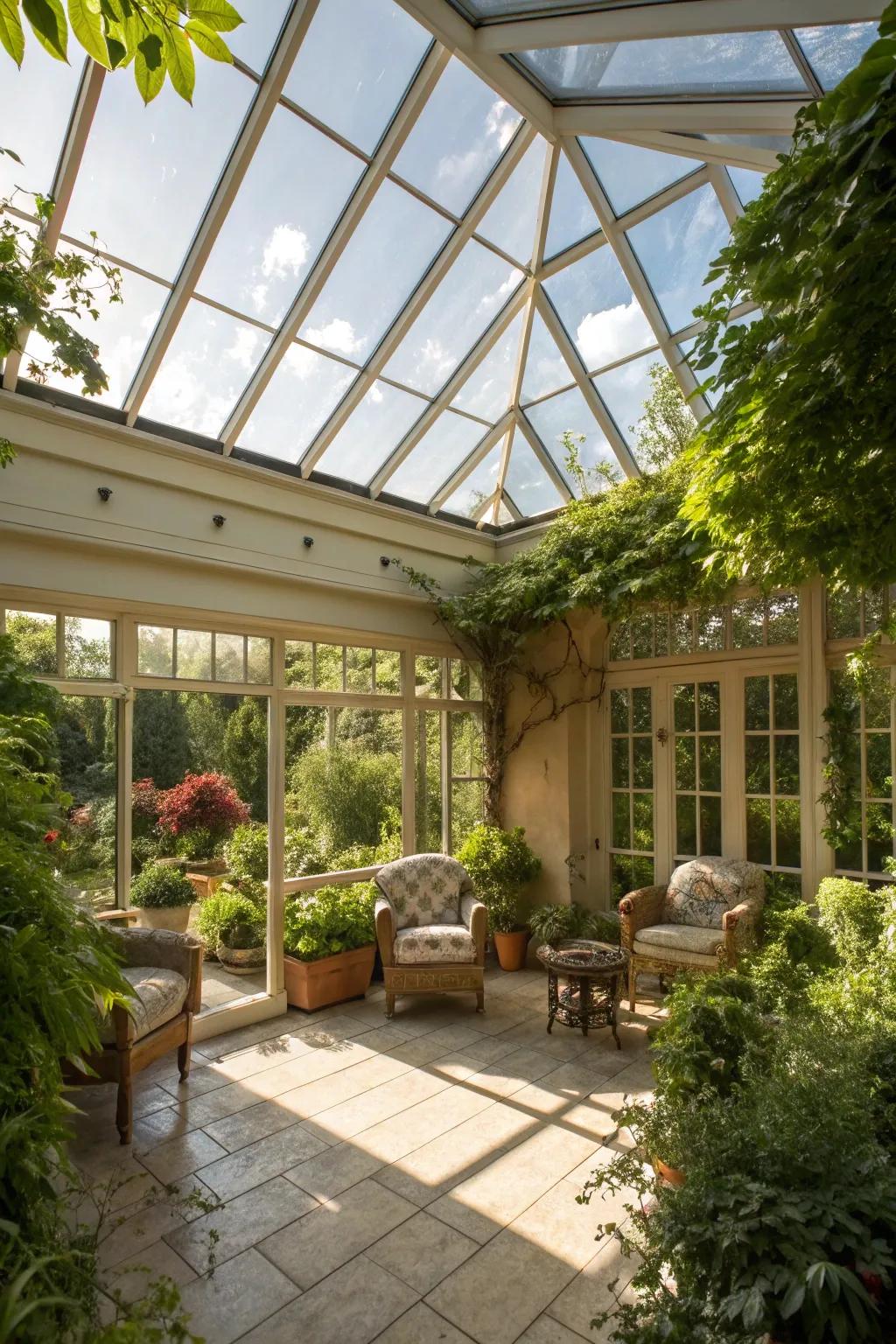 Sunlight pours into a glass-roofed orangery, creating a warm retreat.
