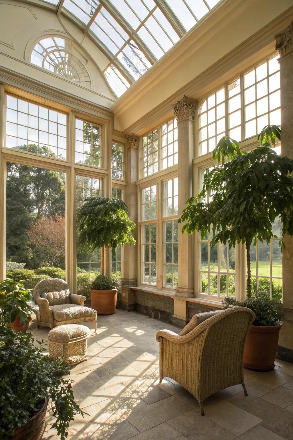 Large windows flood the orangery with natural light.