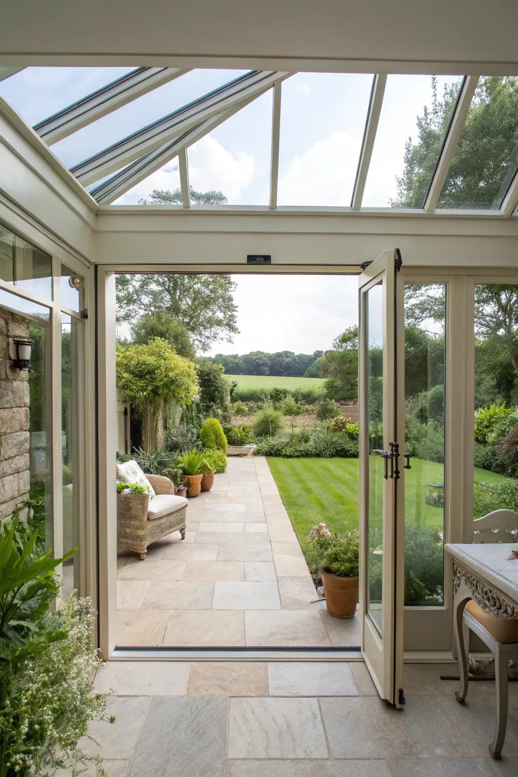 Folding doors open the orangery to the garden.