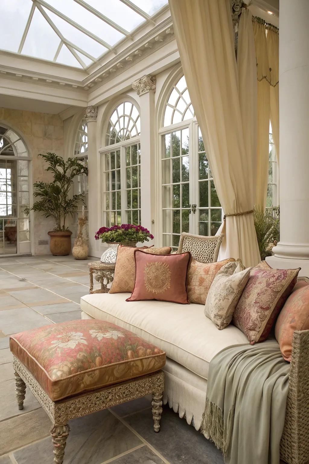 Luxurious textiles add elegance to the orangery.