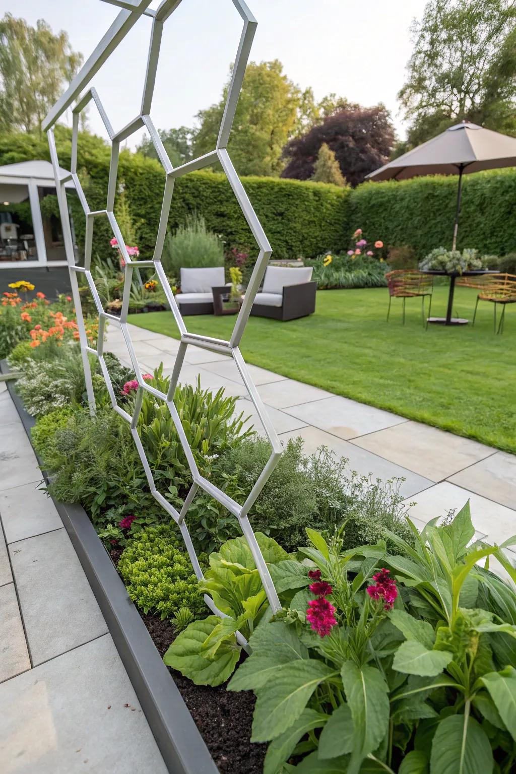 A modern geometric hexagonal trellis in a garden setting.