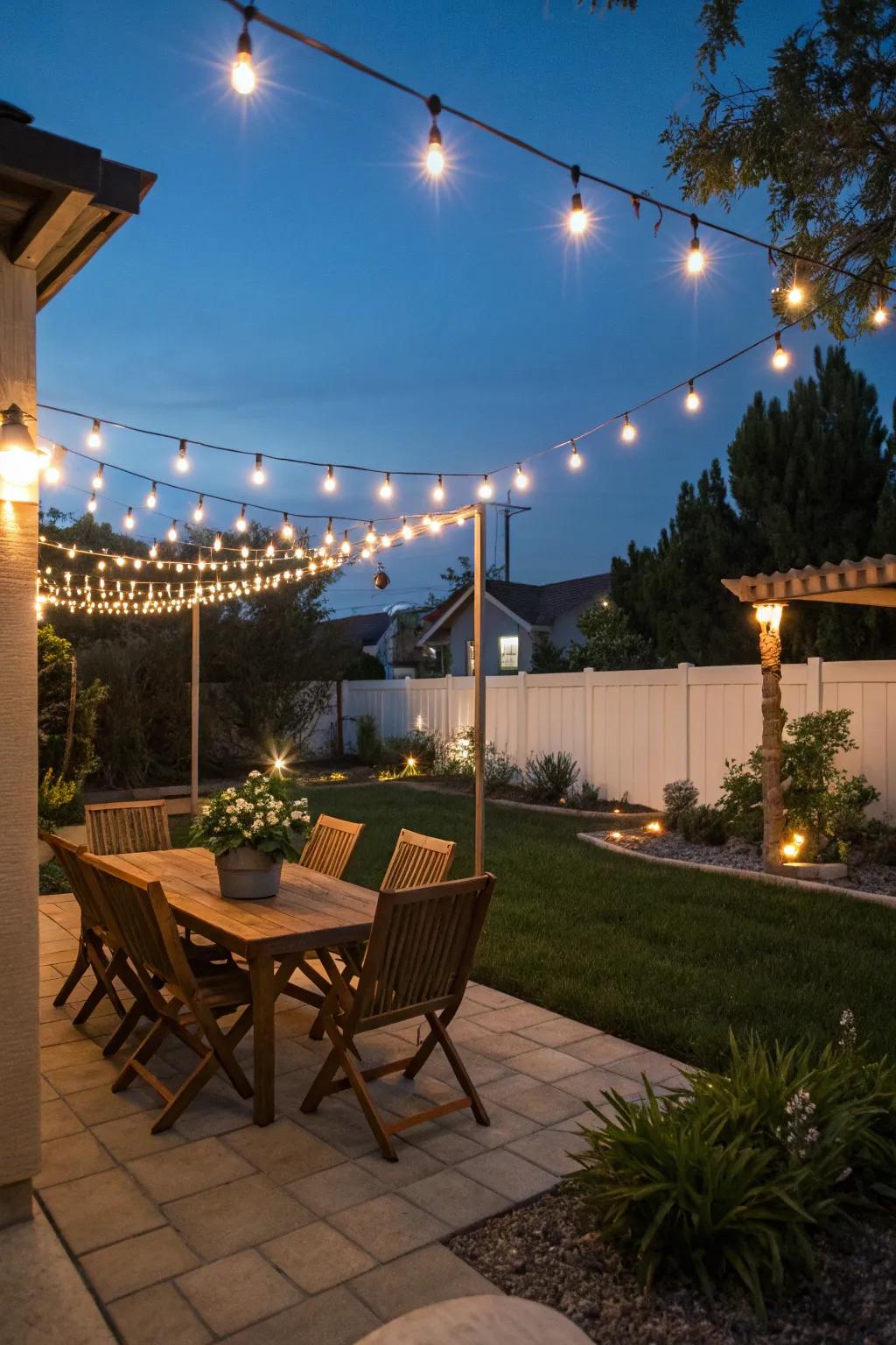 Outdoor lighting enhances the charm of your backyard, effortlessly setting the mood.