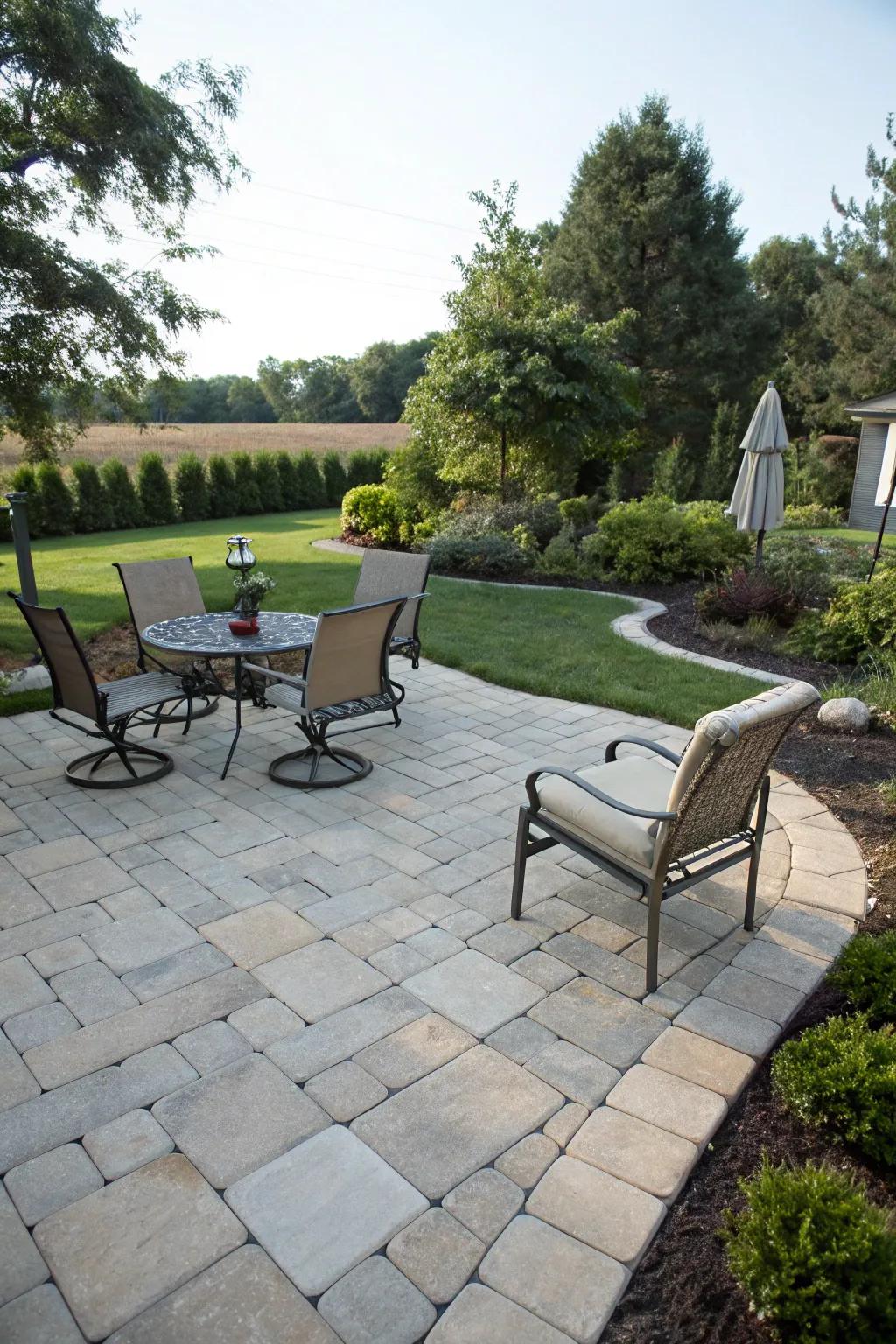 A stone paver patio offers durability and style, perfect for low maintenance backyards.