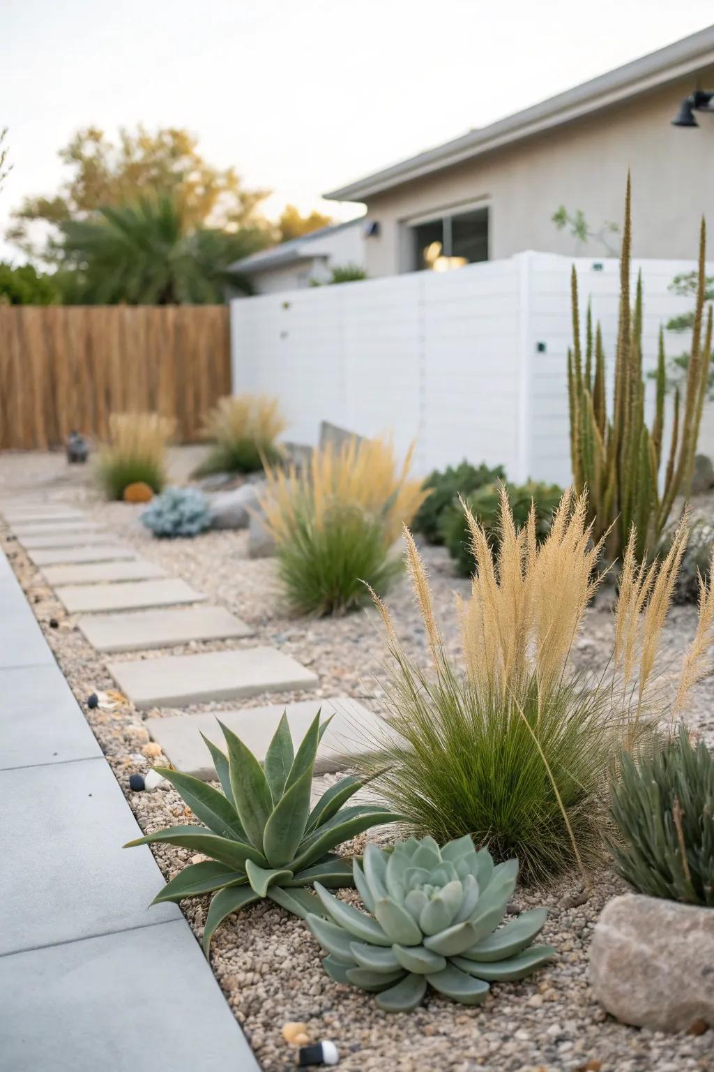 Succulents and ornamental grasses create a lush, low-maintenance landscape.
