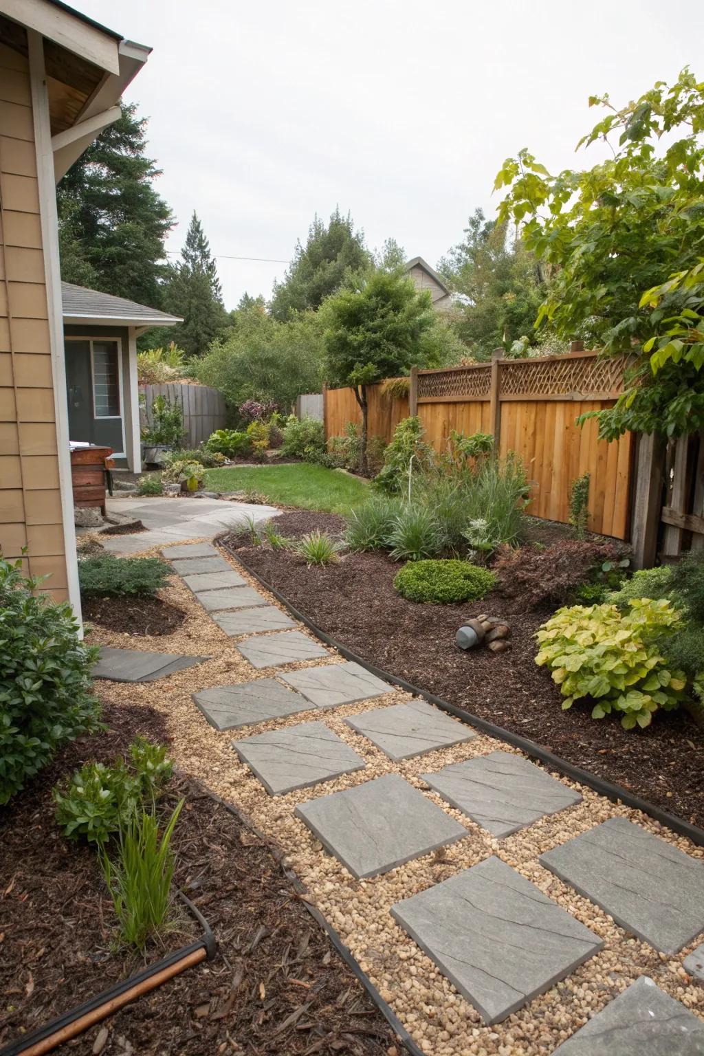 Mulch and gravel offer a low-maintenance alternative to grass.