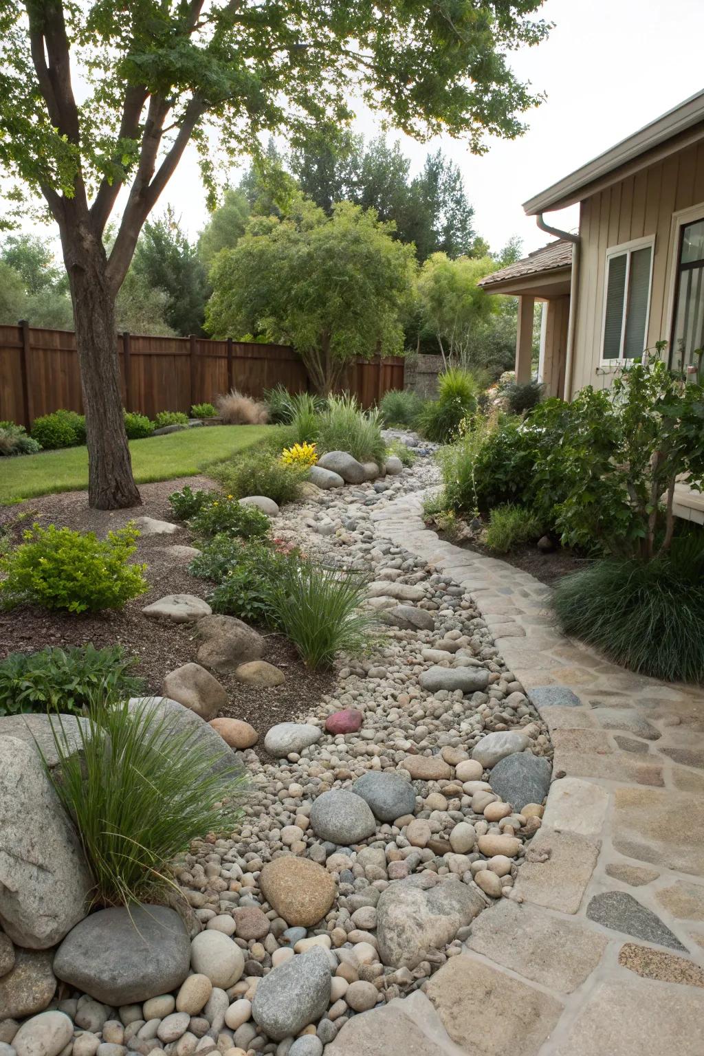 A dry riverbed adds a naturalistic feature that requires no maintenance.