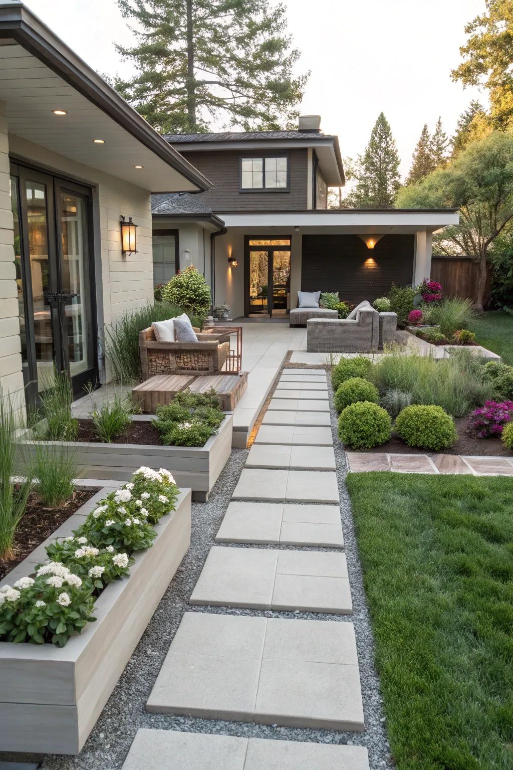 Distinct zones for various activities in a modern front yard.