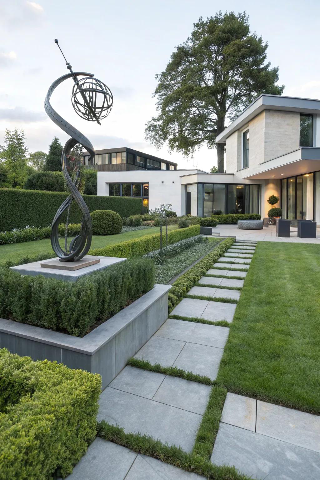 An artistic sculpture adds a unique flair to this modern front yard.
