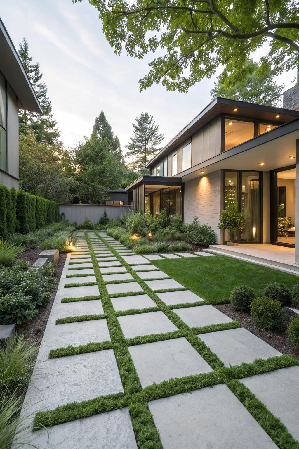 Geometric stone pathways creating clean lines in a modern front yard.