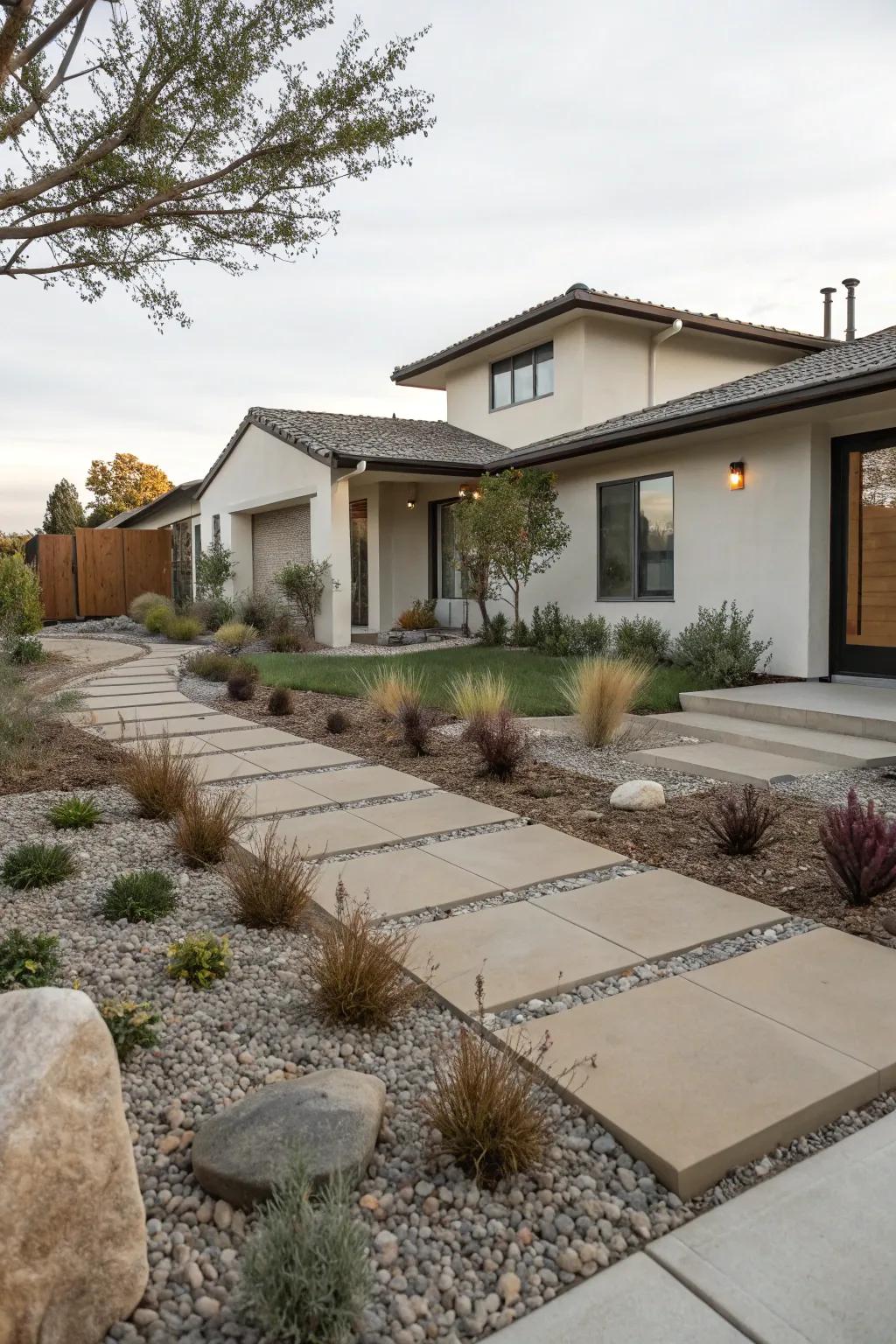 A neutral color palette in a modern front yard with earth-tone hardscapes.