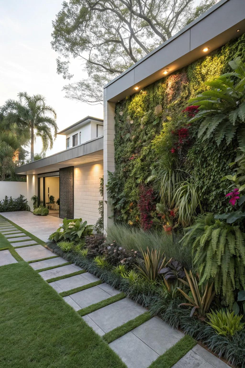 A vertical garden wall adds greenery and interest to a modern front yard.